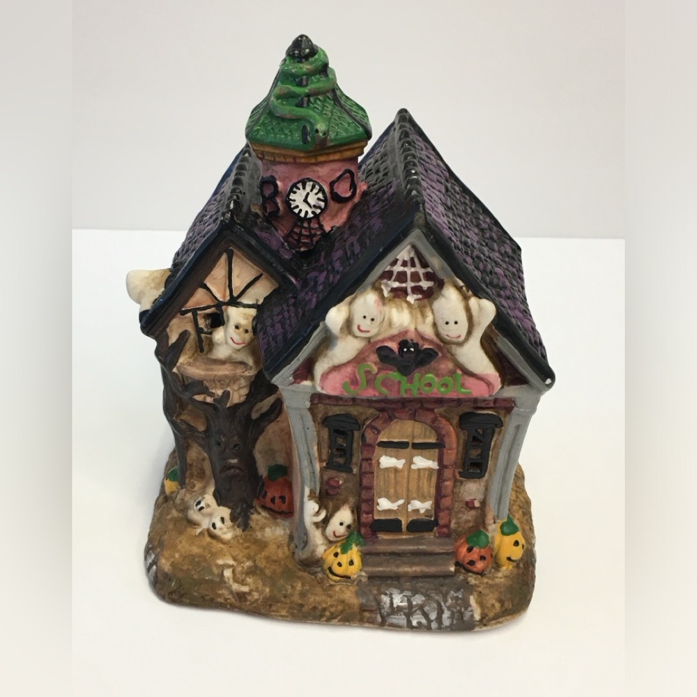 Vintage Ceramic Halloween Haunted School Light Up Decor Ghost Bat Snake Boo